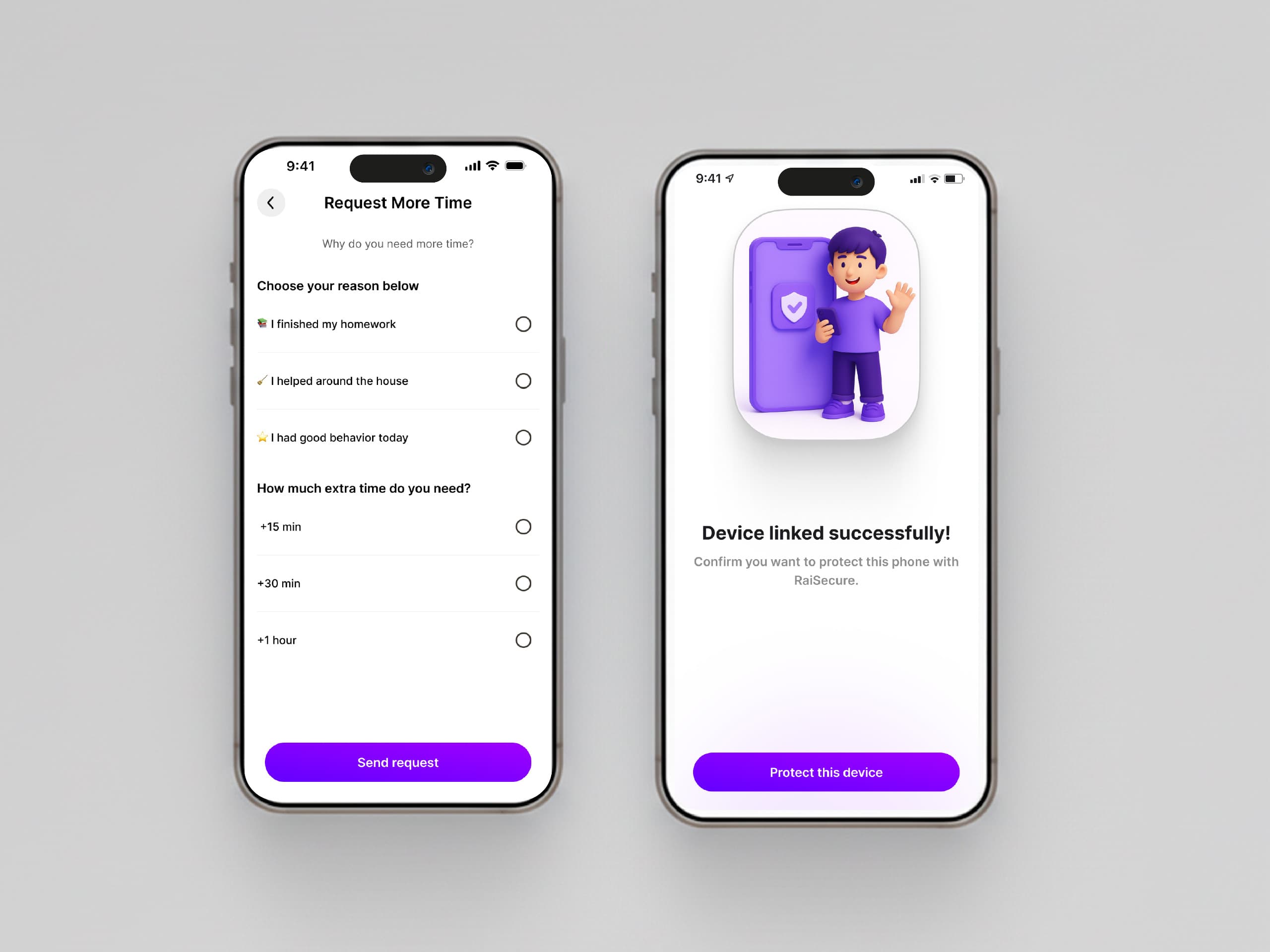 Niño enviando una solicitud de tiempo adicional desde la aplicación RaiSecure en su tablet
