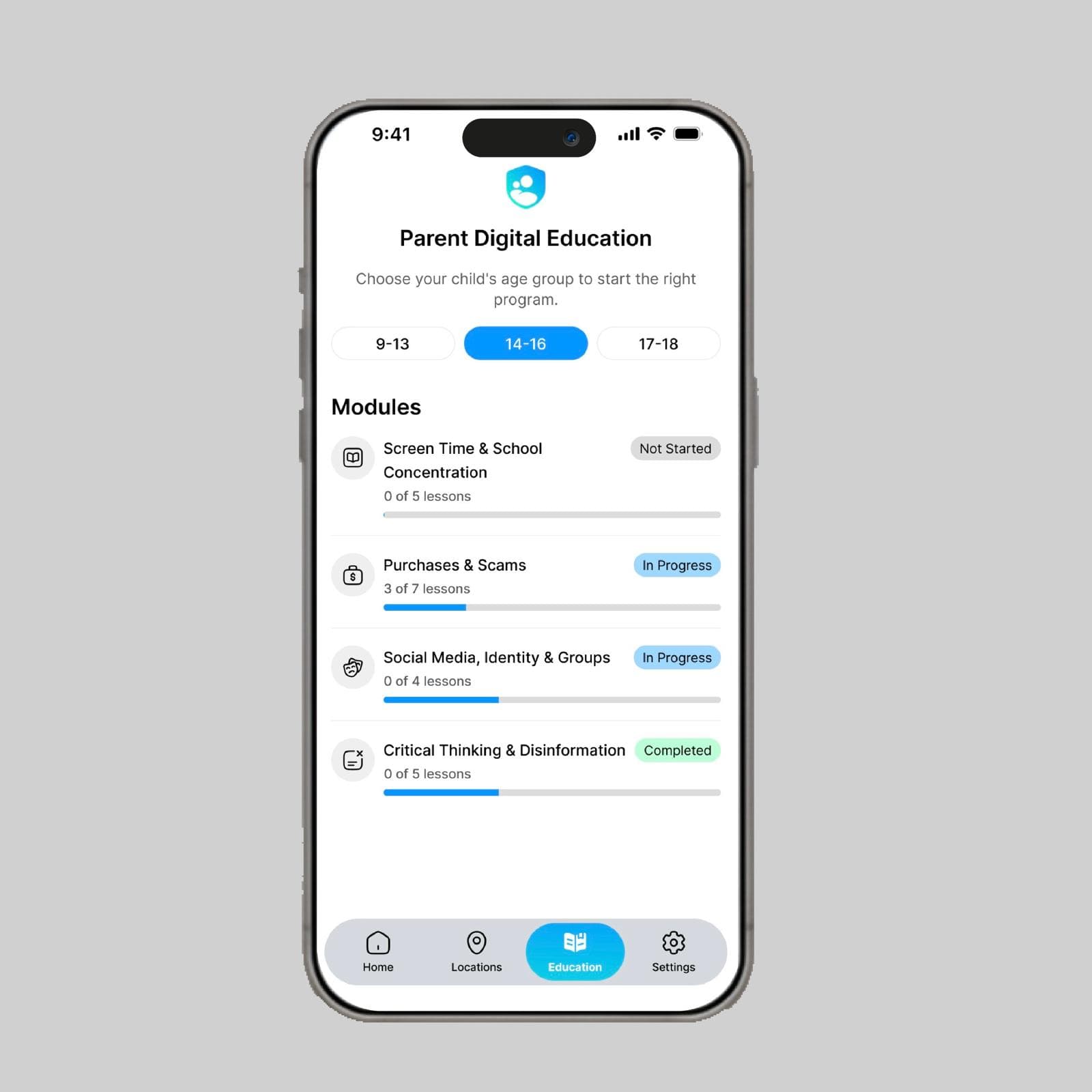 Pantalla de módulos educativos RaiSecure para adolescentes de 14 a 16 años con contenido sobre redes sociales, identidad digital y pensamiento crítico