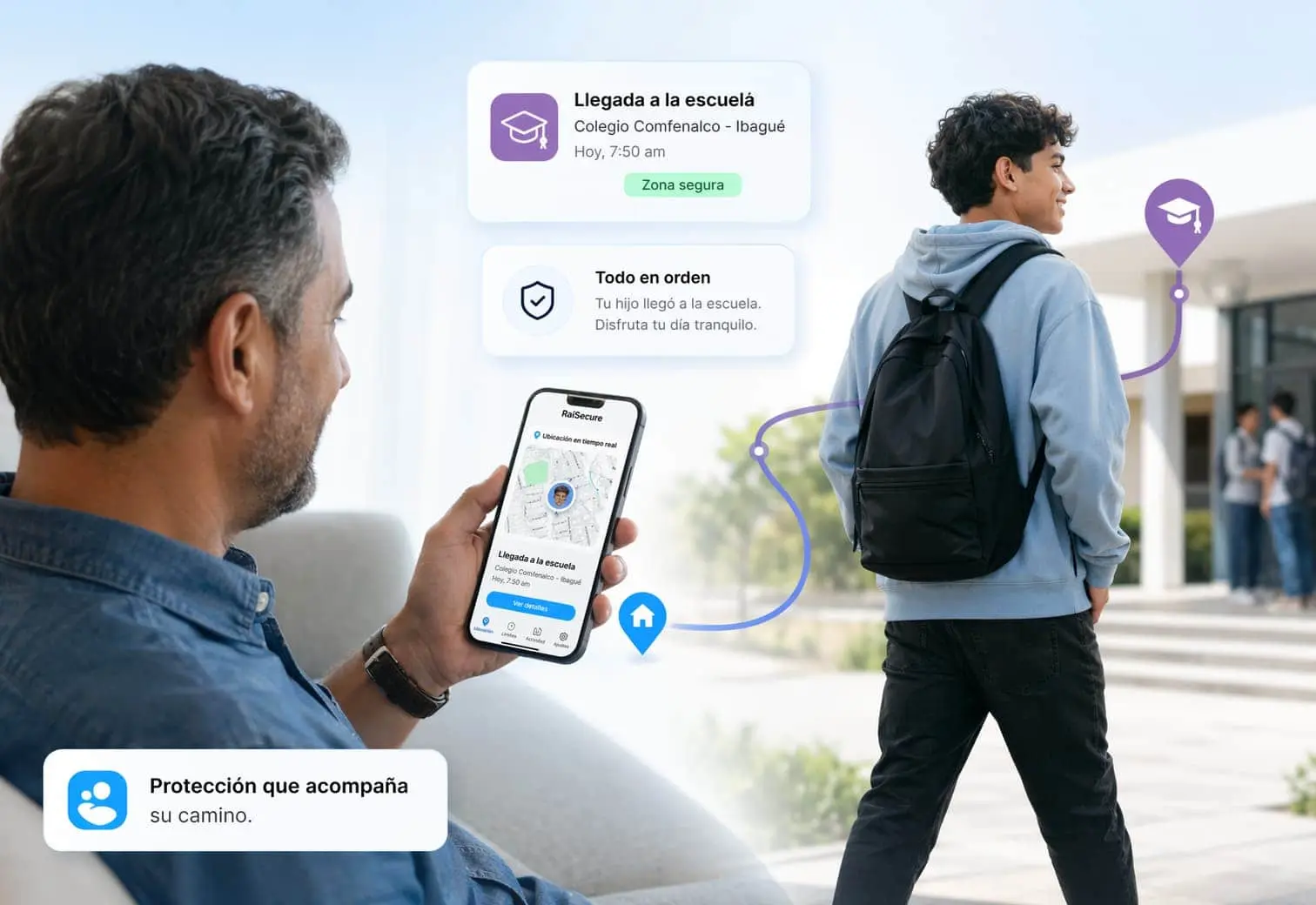 Padre siguiendo la ubicación de su hijo adolescente camino al colegio con RaiSecure