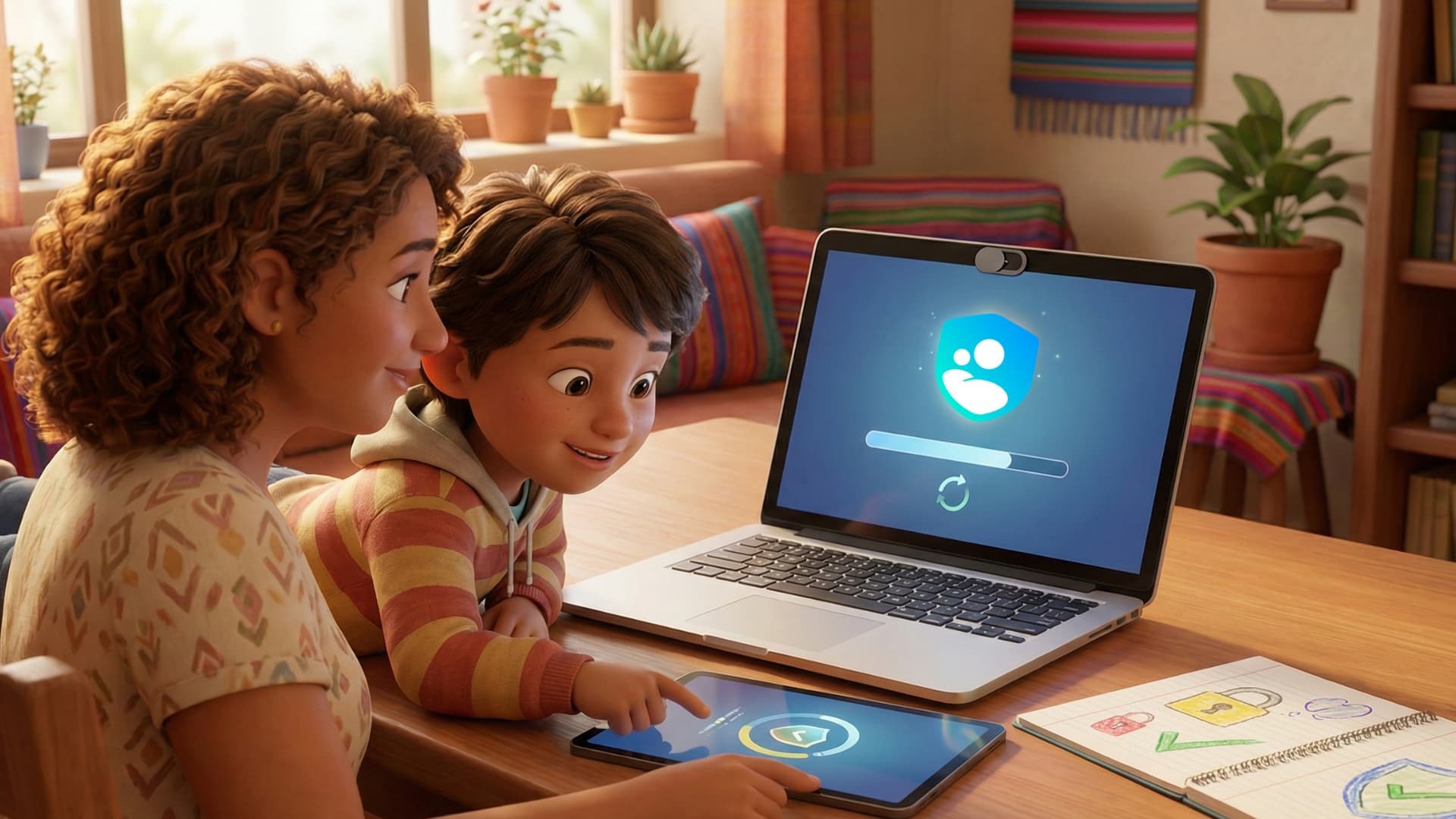 Madre e hijo viendo el laptop con RaiSecure