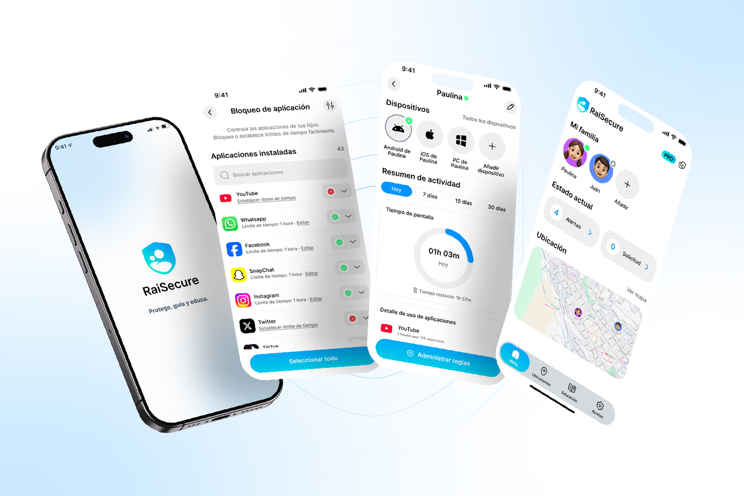 Interfaz de la aplicación RaiSecure mostrando el dashboard de control parental en múltiples dispositivos móviles