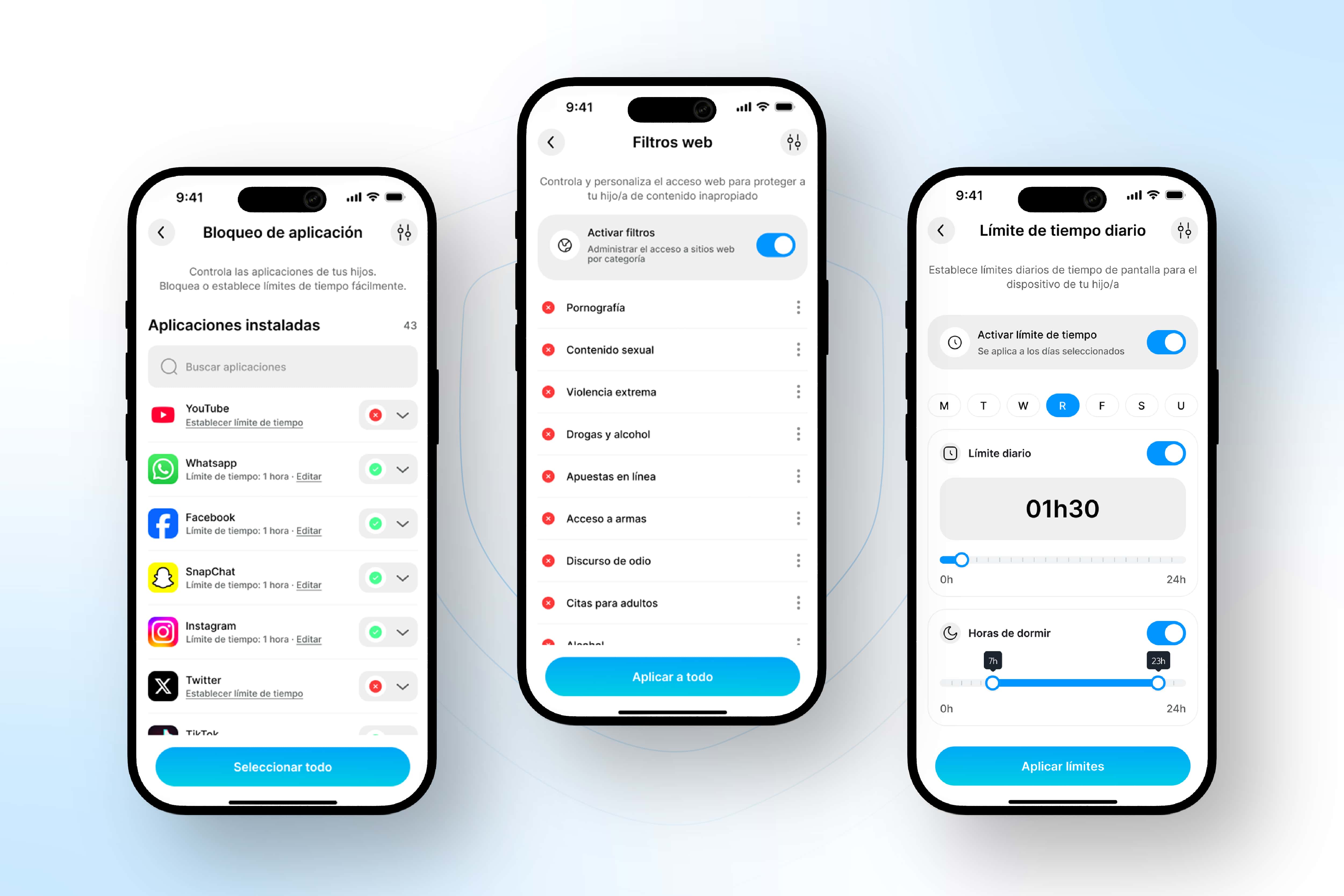 App RaiSecure — filtro web inteligente con bloqueo de aplicaciones, filtros por categoría y límite de tiempo diario en Android e iOS